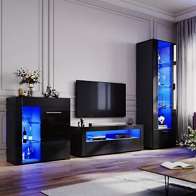 Black High Gloss Living Room Set LED TV Stand Cabinet Display Sideboard Cupboard • £79.99
