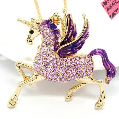 $3.95 • Buy New Betsey Johnson Purple Enamel Pegasus Unicorn Crystal Pendant Chain Necklace