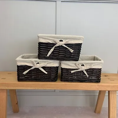 £14.99 • Buy Set Of 3 Dark Coffee Natural Wicker Shelf Basket Lined Hampers Storage Trays