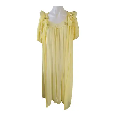 Vintage Size Large Sheer Peignoir Set Night Dress Yellow  Overlay Lace Sleeve • $60