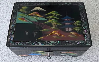 1950's Japanese Lacquer Mother Of Pearl Inlay  Black Musical Jewellery Box • £50