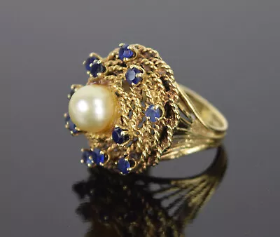 Vintage Estate 14k Solid Gold Ring Swirl Of Sapphires Around Pearl Solitaire • $795