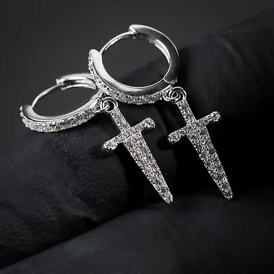 Men's Iced Hanging Dangle Dagger Cross Huggie Hoop 925 Sterling Silver Earrings • $15.99