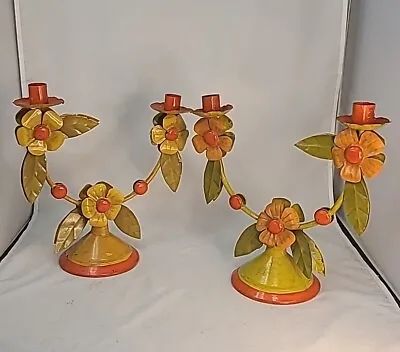 Vintage 1972  Mexican Tin Folk Art Set Of Candle Holders Daisies Yellow/orange • $100