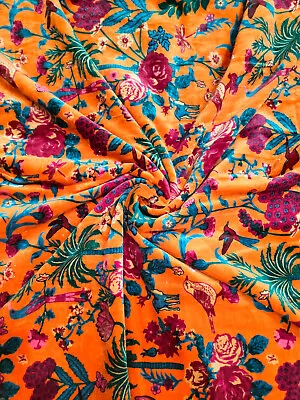 Indian Velvet Hippie Upholstery Soft Orange Floral Printed Dress Making Fabric • $23.30