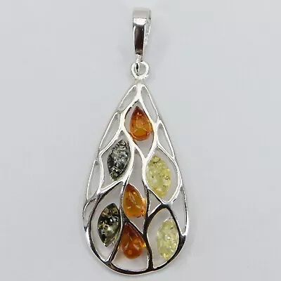 Natural Multi-Color BALTIC AMBER Drop Pendant 925 STERLING SILVER Poland #1459 • $26.47