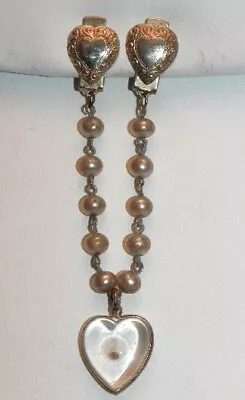 Vintage Lucite Heart Mustard Seed Charm Sweater Guard Faux Pearl Bead Chain Clip • $9.90