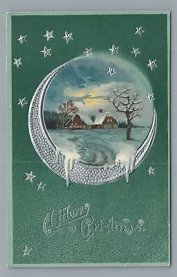 A Merry CHRISTMAS Silver Moon Stars Night Sky Farm Vintage Postcard • $4.99