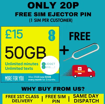 EE Sim Card Pay As You Go Mini Micro Nano Only 20p + Free Sim Ejector Pin • £0.99