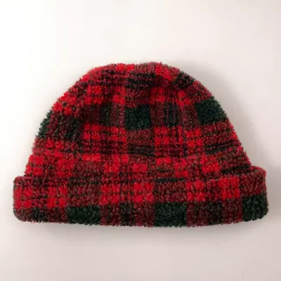 Eddie Bauer Made United States High Pile Fleece Winter Hat Red Black Plaid • $39.99