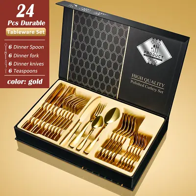 24 Piece GOLD CUTLERY DINNER SET STAINLESS STEEL METAL BOXED Mirror FORKS Spoon • £2.99