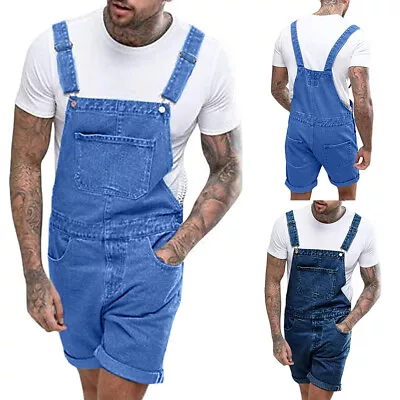 Mens Denim Dungaree Overalls Mini Jumpsuit Shorts Bib Brace Jeans Romper Pants • $58.79