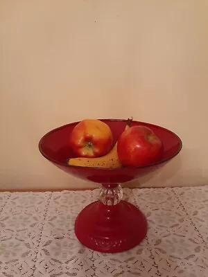 Vtg Metal Fruit Bowl Brick Red Lampshade Style Pedestal Colonial Centerpiece • $21.99