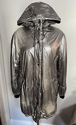 Zara Metallic Silver Foil Hooded Windbreaker Coat Size M • $39.99