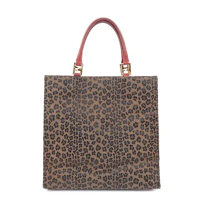 Authentic FENDI Canvas Leather Leopard Tote Bag Hand Bag Brown Red Used F/S • $182.75
