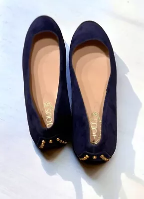 Tod’s Blue Suede Ballet Flats Gold Studded Heel Shoes-Women’s Size Size 38.5 • $109.99