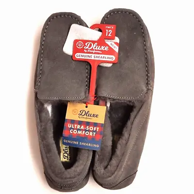 Men's Dluxe By Dearfoams Genuine Shearling Moccasin Slippers Size 12 Gray Shoes • $16.99