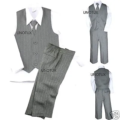 $47.99 • Buy New 4PC Vest Set Baby Toddler Boy Pinstripe Formal Wedding Tuxedo Suit Gray S-20