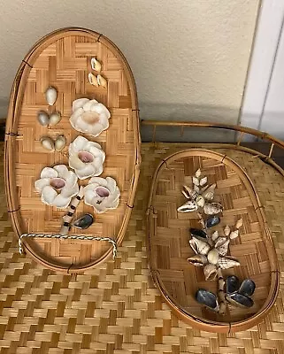 Lot Of 2 Vintage Shell Flower Picture In Woven Basket Wall Hanging • $18