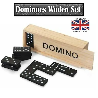 £5.99 • Buy 28Pc Traditional Dominoes Set Wooden Box Kids Toy Classic Games Black/White Dots