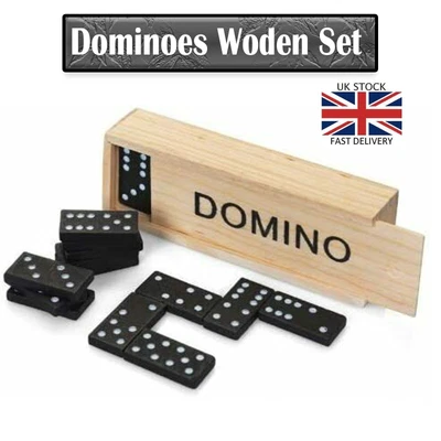 £5.99 • Buy 28Pc Traditional Dominoes Set Wooden Box Kids Toy Classic Games Black/White Dots