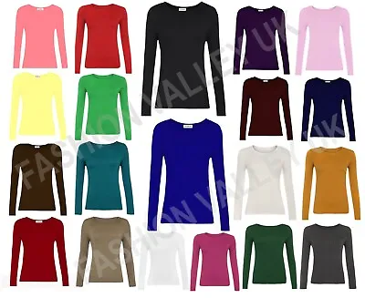 Women Plain Tee T Shirt Top Ladies Stretch Round Neck Basic Long Sleeve Top 8-26 • £8.49