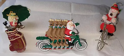 3 Fun Cute Santa Claus Christmas Ornaments Playing Golf On Motorcycle And Bike • $20