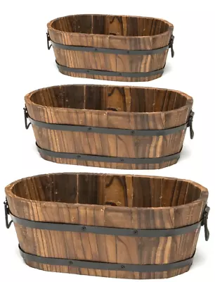 Oval Garden Plant Planter Wooden Barrel Pot Burnt Wood Whiskey Barrel Outdoor • £12.99