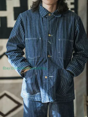 Retro 1930's Washable Chore Jacket Vintage Mens Railroad Stripe Denim Coat Blue • $67.93