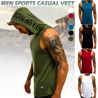 Mens Sleeveless Pullover Vest Casual Gym Fitness Hooded Tank Tops Muscle T-Shirt • £8.33