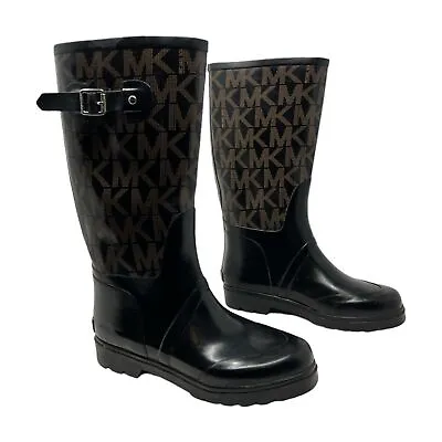 Michael Kors Rain Boots Womens Size 8.5 Black Knee High Slip On Rubber Shoes • $52