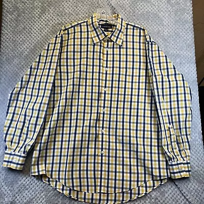 Lands End Mens Button Down Shirt 16 1/2 - 34 Plaid Yellow With Blue • $12.88