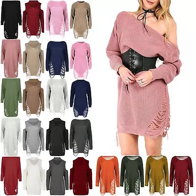 Womens Chunky Knitted Ladies Off Shoulder Shredded Destroyed Mini Jumper Dress • £3.49