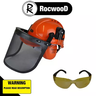 RocwooD Chainsaw Safety Helmet Ear Defenders And Mesh Visor Yellow Tint Glasses • £22.99