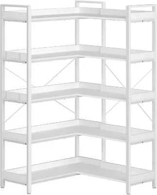 Rolanstar 5 Tier Reversible Corner Bookshelf 65  Industrial Wooden White • $194.39