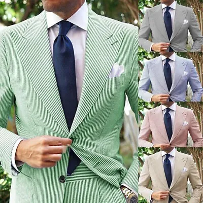 Seersucker Men Suits 2 Pcs Wide Peak Lapel Wedding Beach Leisure Summer Tuxedos • $83.69