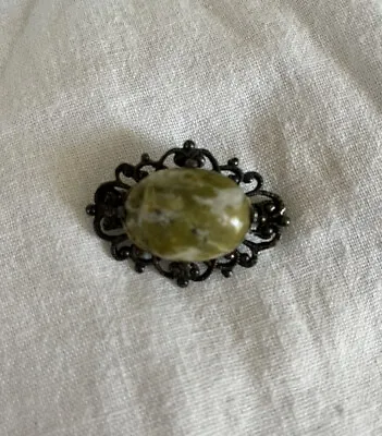 Vintage Miracle Green Cabochon Silver Toned Brooch Oval Pin • $17.99