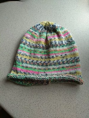 Hand Knitted Ladies Fair Isle Effect Beanie Hat. Pink Green Yellow Orange • £3.50