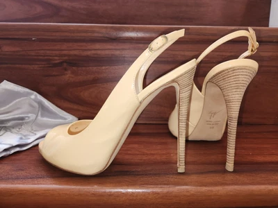 $299 • Buy Giuseppe Zanotti Cream Patent Leather Peep Toe Pumps, 40 Box 
