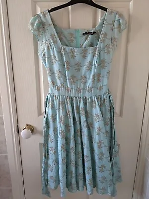 Lady Vintage Blue Palm Trees Rockabilly Pinup Cotton Dress Size 8 • $15