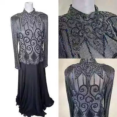 Vintage 80s Diane Freis 100% Silk Iridescent Beaded Black Formal Dress Med/Large • $100