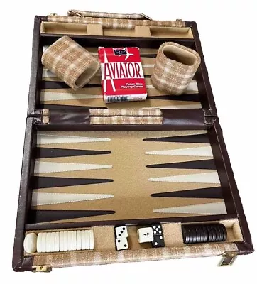 Vintage Brown Wool Plaid Travel Backgammon Set W Handle/Suitcase • $17