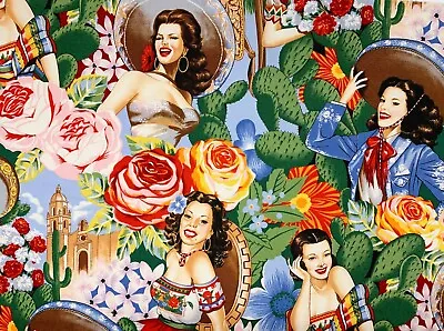 Las Senoritas Fabric Alexander Henry Retro Mexican Latin Spanish Pin Up Girls • £8.02