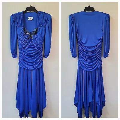 VTG 80s Party Dress Size 8 Sequin Butterfly Ruching Solid Blue Asymmetrical Hem • $23