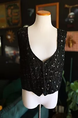 Vintage Cee Cee Vest Silk Lining Black Sequin Beaded 80s Glam Y2K Size M • $24.99