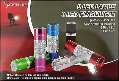 Worth Lite 9 LED FLASHLIGHT 6 Pc. Asst. Colors Bedazzled! Batt. Incl. Free Ship! • $17.95