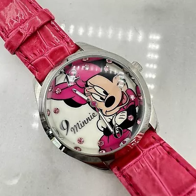 Disney Minnie Mouse Watch Round White Minnie Dial Pink Leather Band NEW BATTERY • $20.99