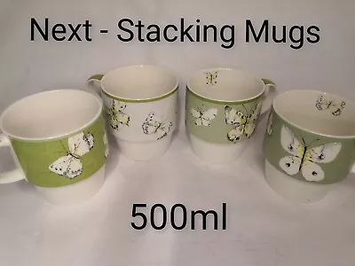 £19.99 • Buy 4 X Next Stacking Jumbo Mugs, Olive Green On White With Butterflies. Stack 500ml