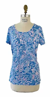 Lilly Pulitzer Etta Scoop Neck Top Short Sleeve Boca Blue Sea What I Sea Sz L • $38