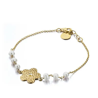 £5.99 • Buy Ladies Shimla PVD Gold Plated Flower Bracelet With Pearls And Cz SH611